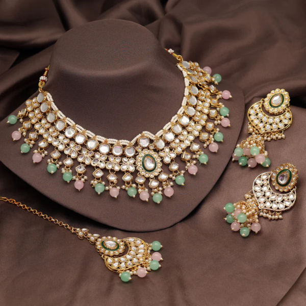 Blush Blossom Harmony: Pink & Pista Green Kundan Necklace Set