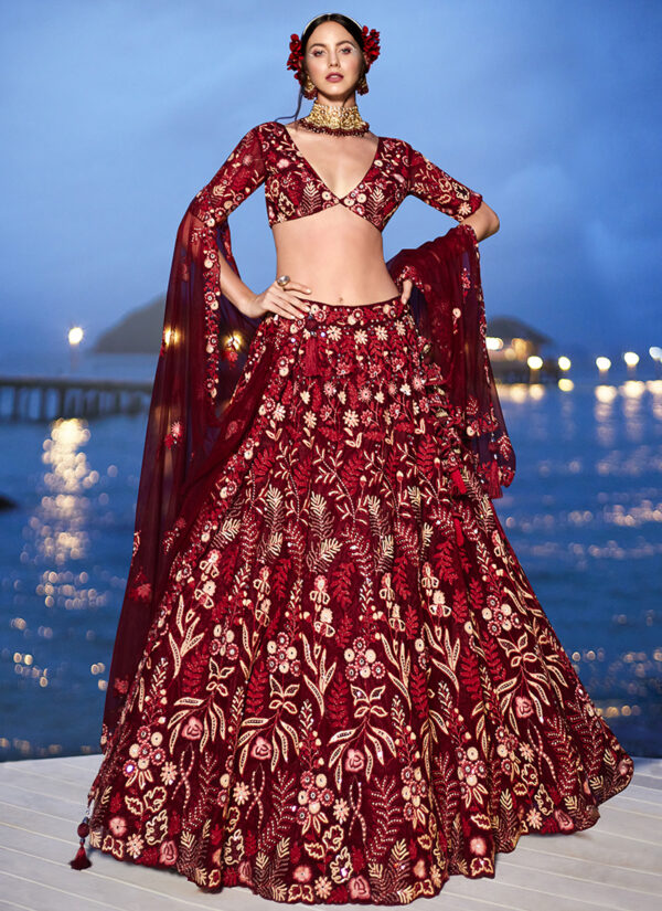 Crimson Cascade Red Net Lehenga with Sequins Work