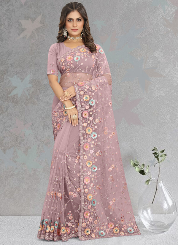 Dusty Lavender Dreams Net Saree with Sequins Work