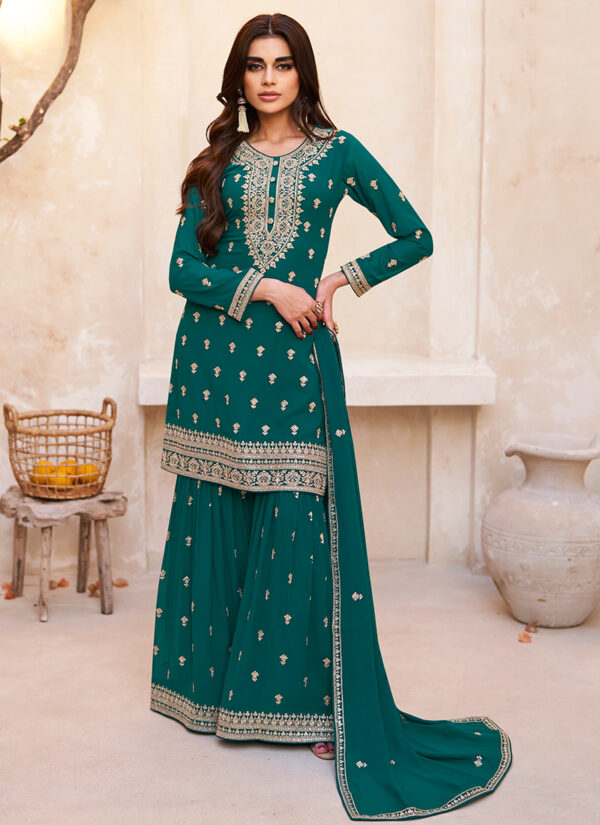 Emerald Elegance Georgette Sharara Suit with Embroidery Work