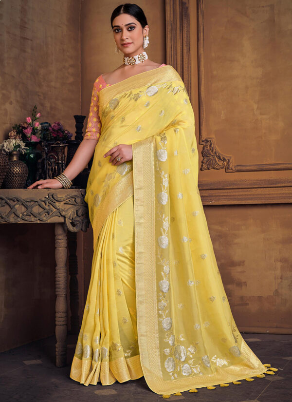 Golden Glow Dola Silk Saree with Embroidery Work