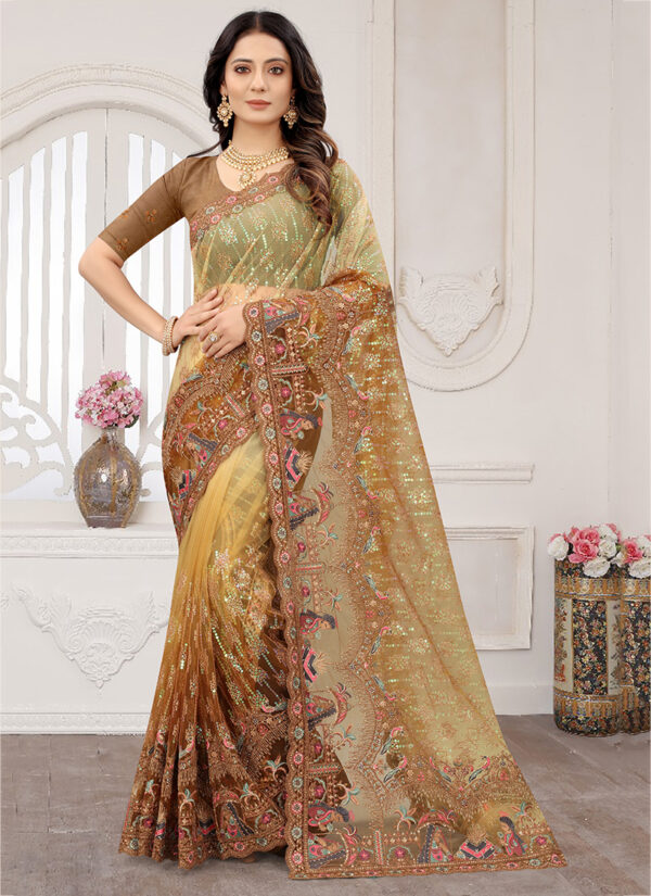 Golden Mustard Radiance Net Saree with Resham Work