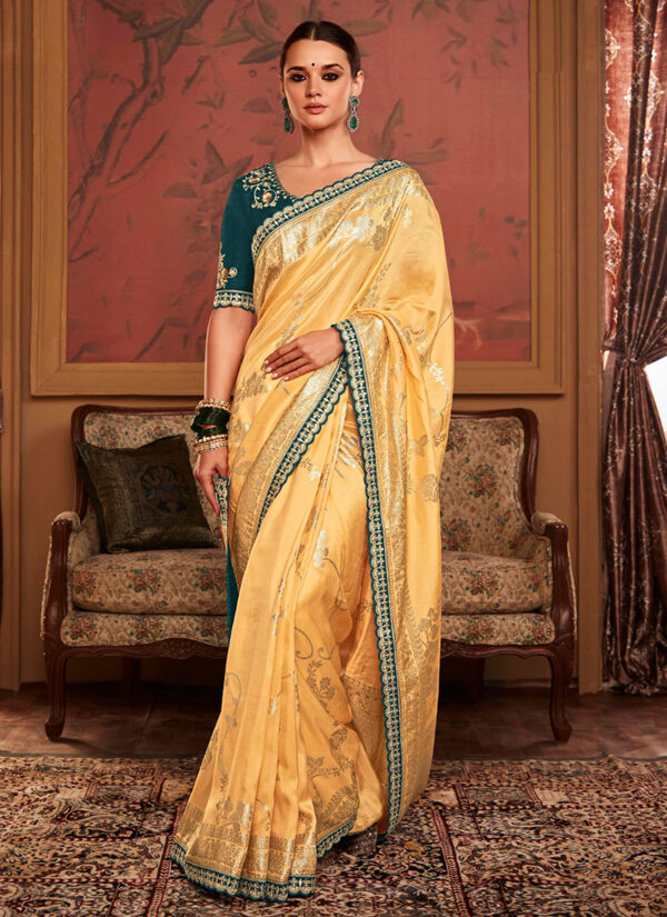 Golden Sands Beige Dola Silk Saree with Embroidery Work