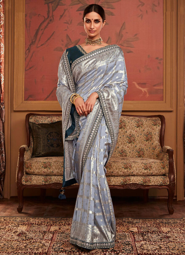 Silver Whisper Dola Silk Saree with Embroidery Work