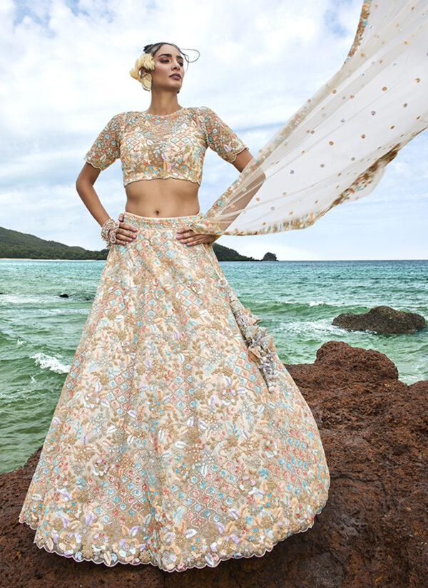 Ivory Elegance Cream Net Lehenga with Sequins Work