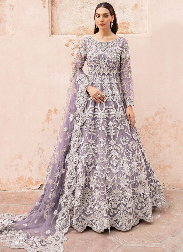 Lavender Whispers Lilac Net Embroidery Work Gown