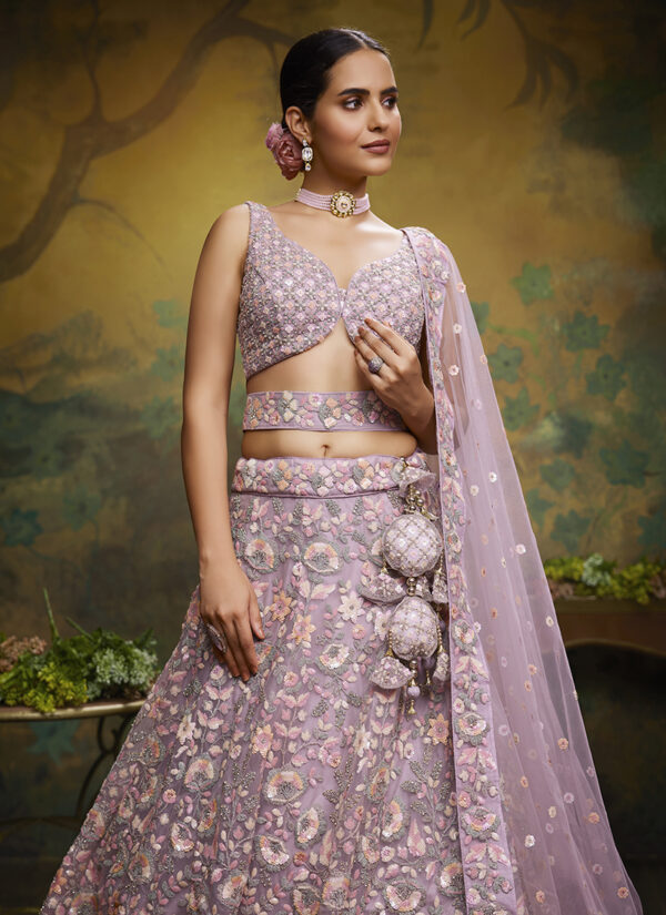 Mauve Magic Sequinned Net Wedding Wear Lehenga