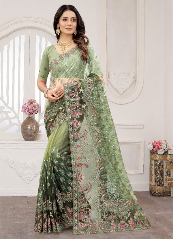 Mehndi Magic Net Saree with Resham Work