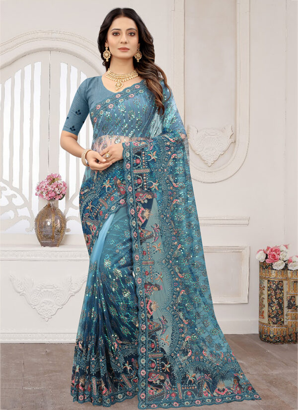 Morepeach Melody Net Saree with Resham Work