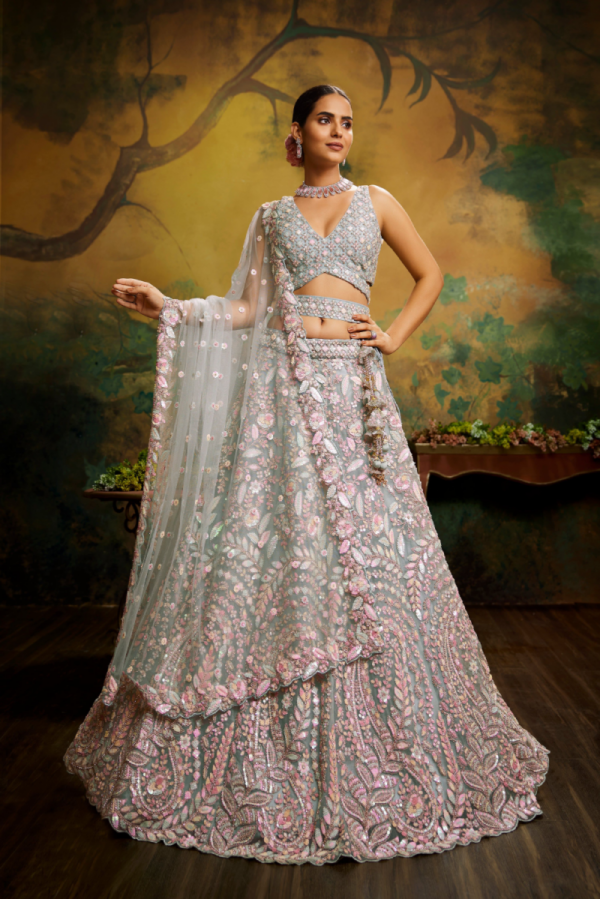 Oceanic Opulence Sea Green Net Sequinned Lehenga