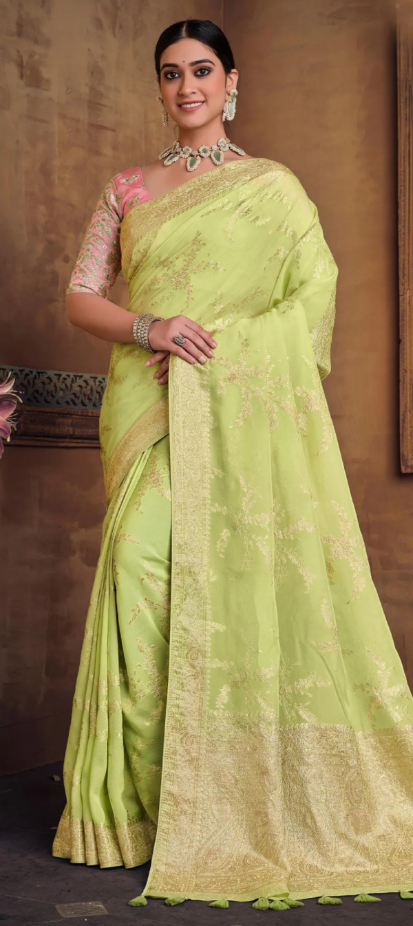 Pastel Charm Light Green Dola Silk Saree with Embroidery