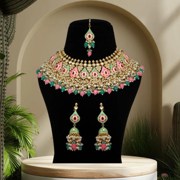 Pink Blossom & Rama Green Meenakari Necklace Set