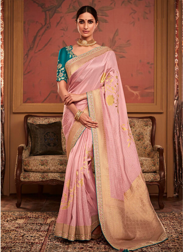 Pink Petals Dola Silk Saree with Embroidery Work