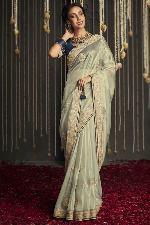 Pista Green Embroidered Organza Saree