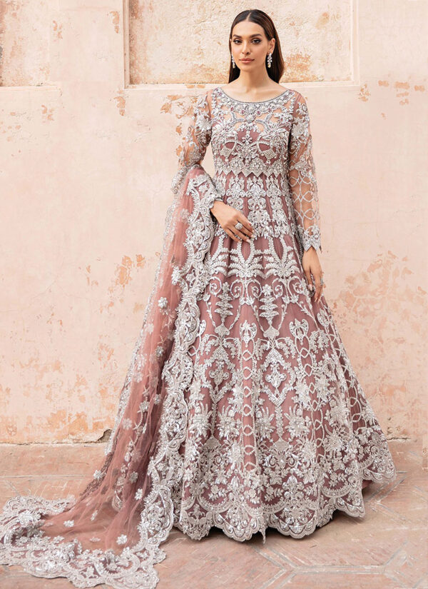 Rosy Elegance Pink Net Embroidery Work Gown