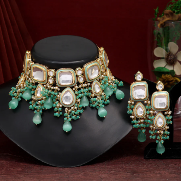 Royal Radiance: Rama Green Kundan Meenakari Choker Necklace Set