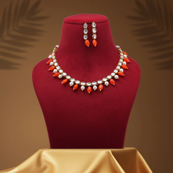 Saffron Splendor: Kundan Necklace Set in Orange