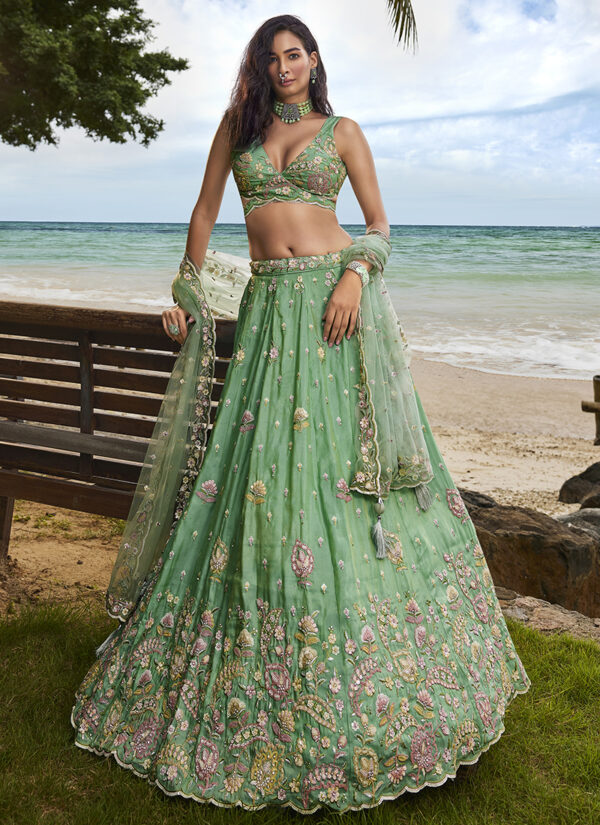 Seaside Serenity Sea Green Poly Georgette Lehenga with Sequins Work