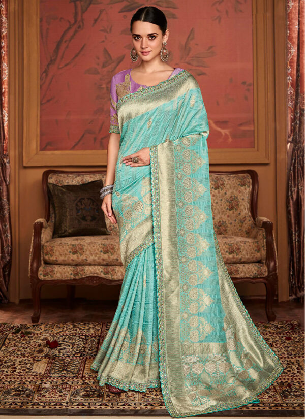 Sky Blue Dola Silk Saree with Embroidery Work