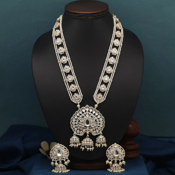 Snowy Elegance: Long White Kundan Necklace Set