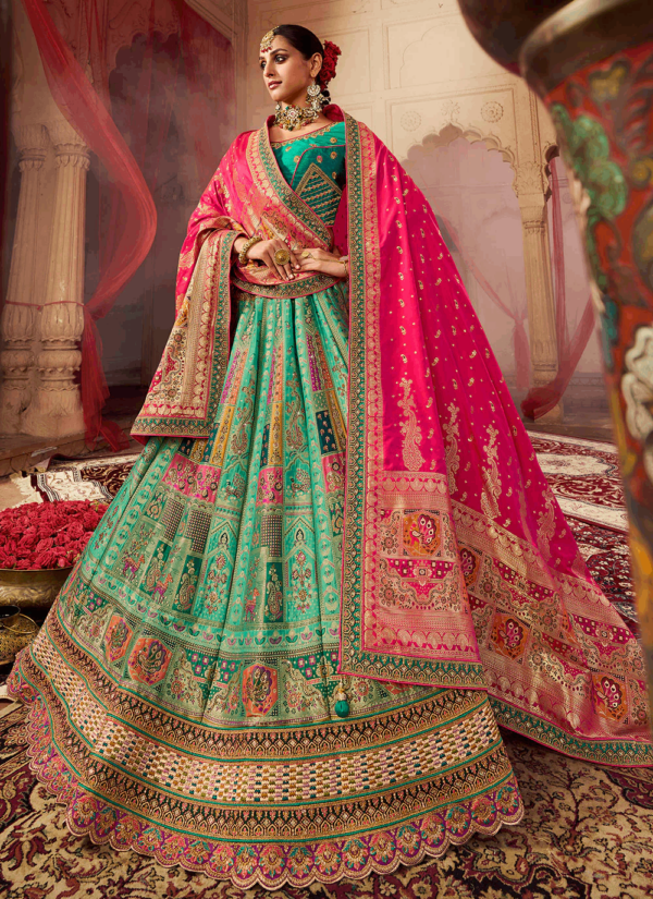 Teal Tranquility: Banarasi Silk Weaving Lehenga