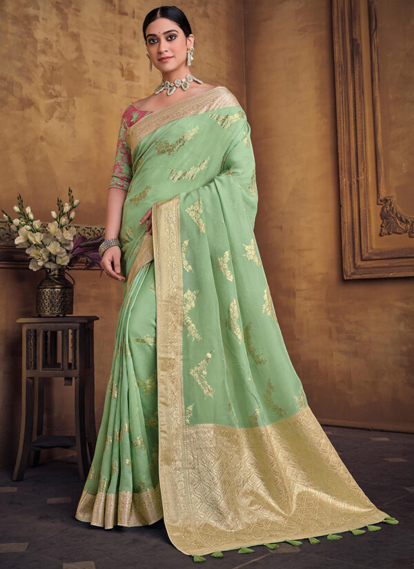 Teal Twilight Dola Silk Saree with Embroidery Work