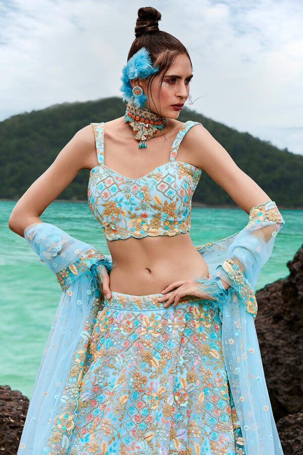 Turquoise Tranquility Turquoise Blue Net Lehenga with Sequins Work