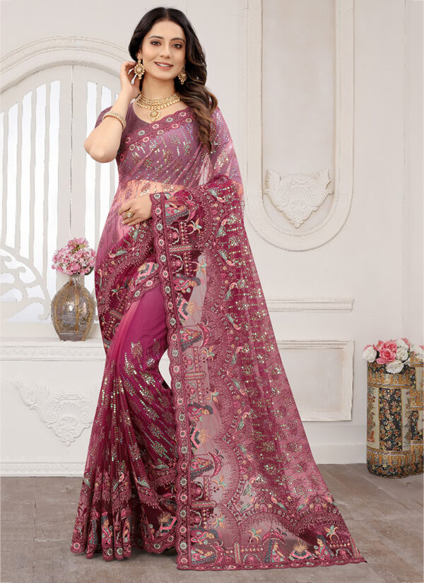 Wine Romance Net Saree with Resham Work