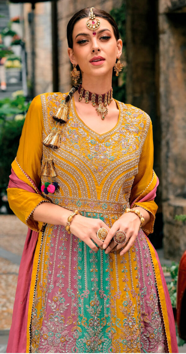 Yellow Chinnon-Embroidery Work Readymade Suit